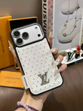 White dotted iPhone case with a back card pocket and raised monogram detail