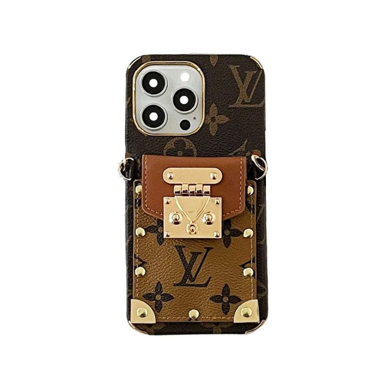 Monogram iPhone case with card holder and strap brown