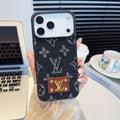 Black monogram iPhone case with a brown back card pocket