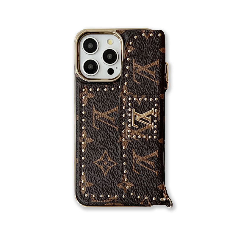 Leather monogram phone case with card holder and strap big printing