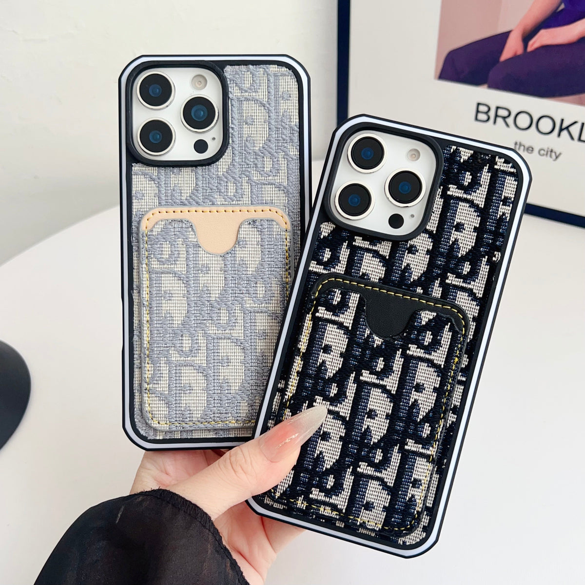 Dior Fabric Iphone Case Card Slot For 12 -16 Pro Max Plus