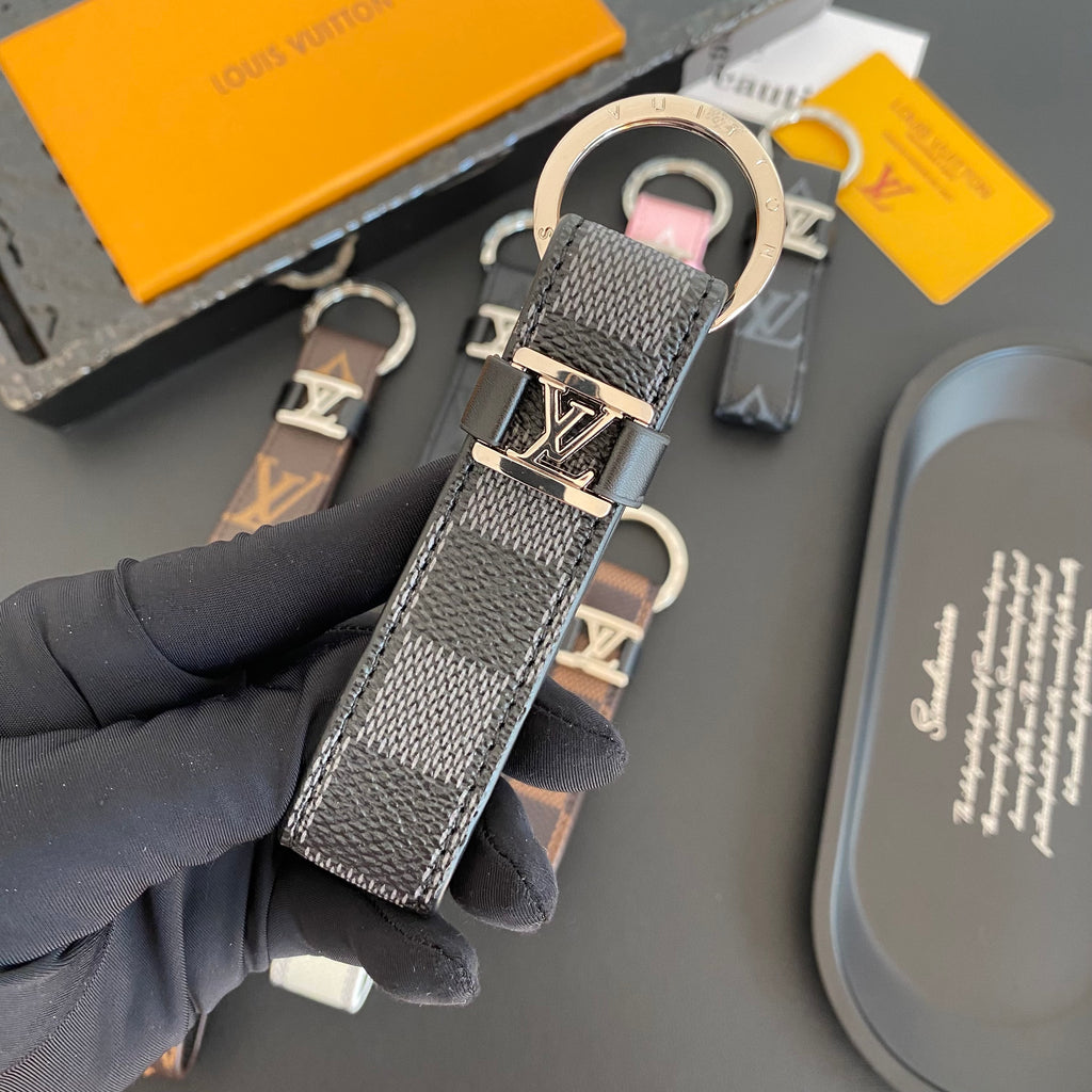 Gray checkered loop key holder with silver-tone LV hardware