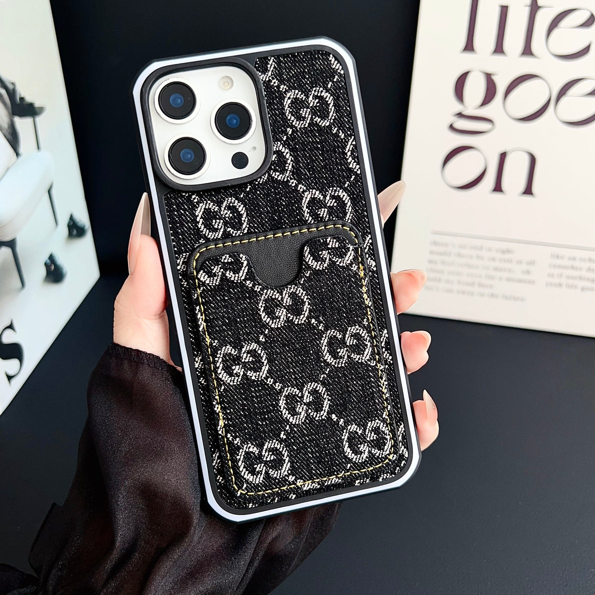 Gg Card Slot Denim Iphone Case For 12-16 Pro Max