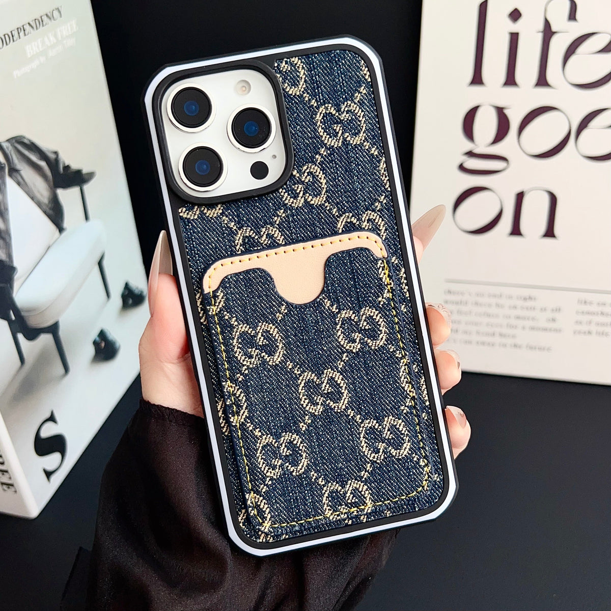 Gg Card Slot Denim Iphone Case For 12-16 Pro Max