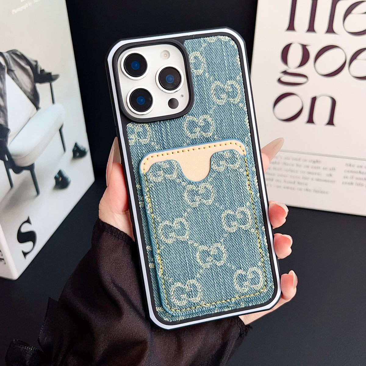 Gg Card Slot Denim Iphone Case For 12-16 Pro Max