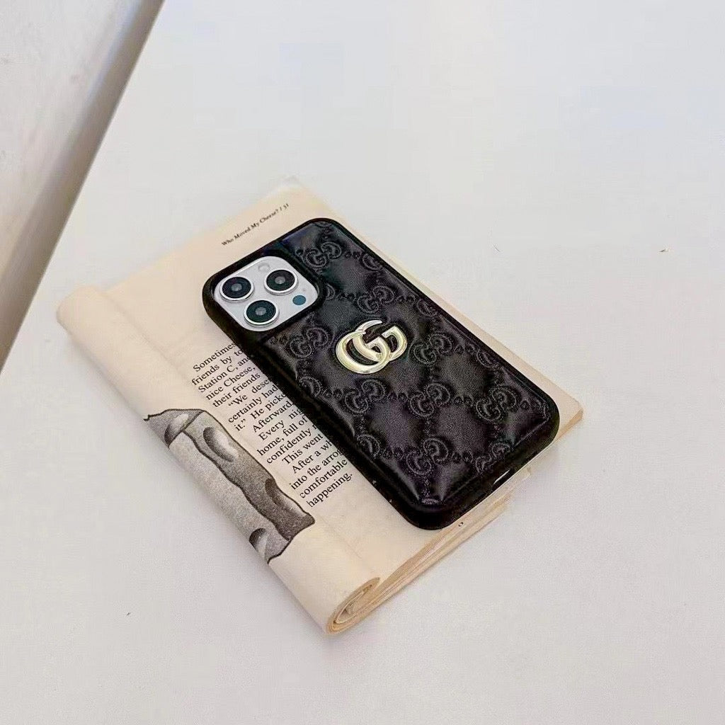 Stamped Gg Leather Iphone Case For 13-17 / Pro / Pro Max