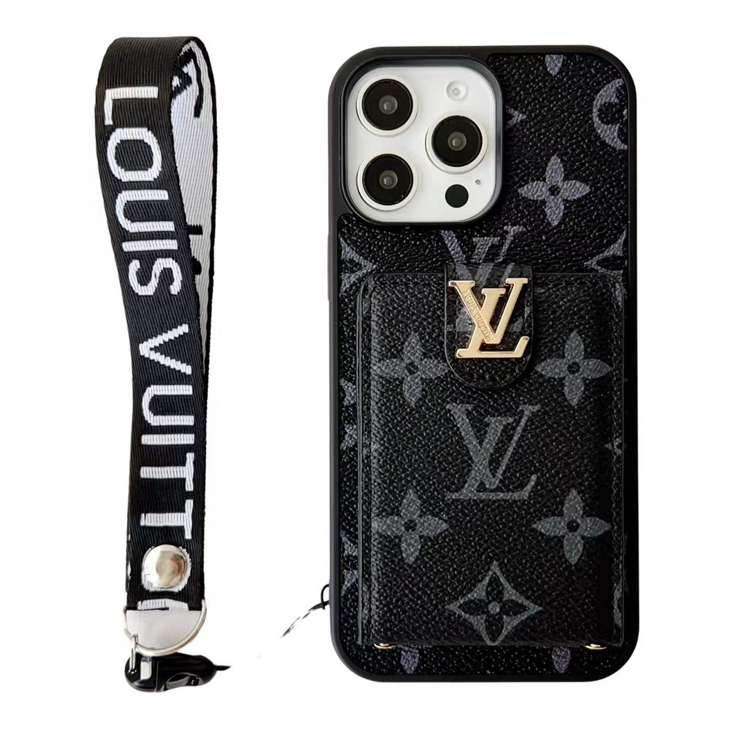 Lv Hand Strap Phone Case Card Holder For Iphone 11 12 13 14 15 16 Pro Max Plus