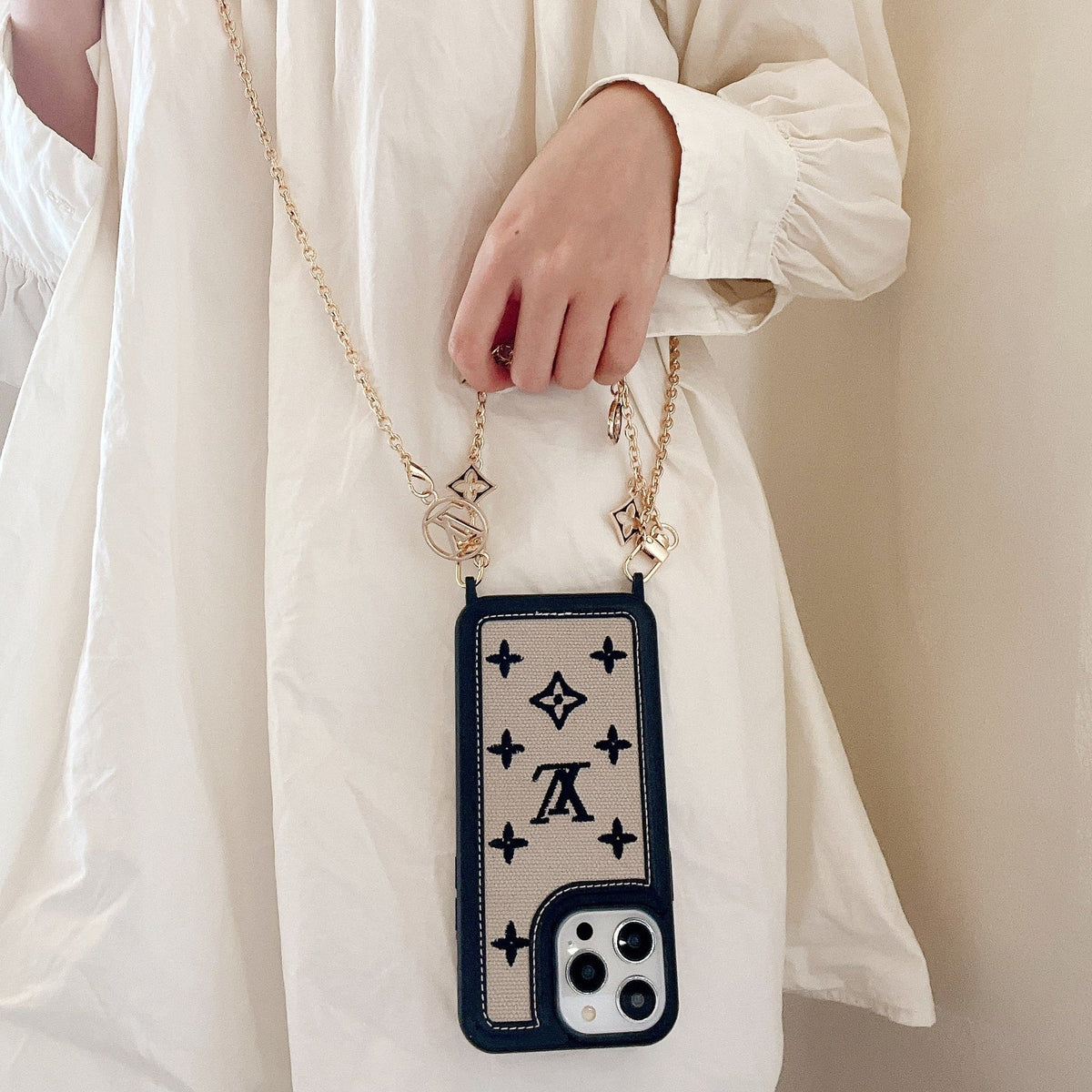 Fabric Leather Crossbody Chain Iphone Case With Ornament Charm
