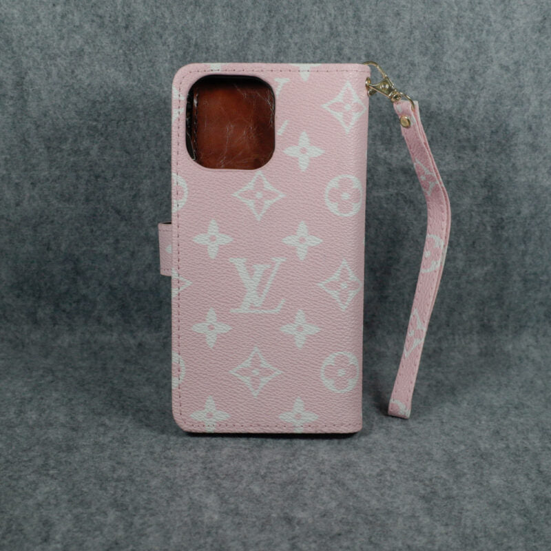 Luxury Lv Wallet Iphone Case Zip Kickstand Function For Iphone 12 13 14 15 16 Pro Max Plus (Pink)
