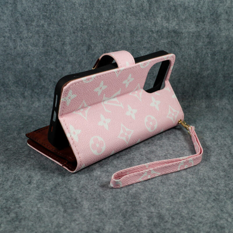 Luxury Lv Wallet Iphone Case Zip Kickstand Function For Iphone 12 13 14 15 16 Pro Max Plus (Pink)