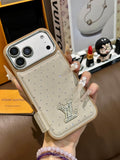 Cream dotted iPhone case with a back card pocket and raised monogram detail