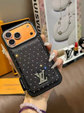 Black dotted iPhone case with a back card pocket and raised monogram detail